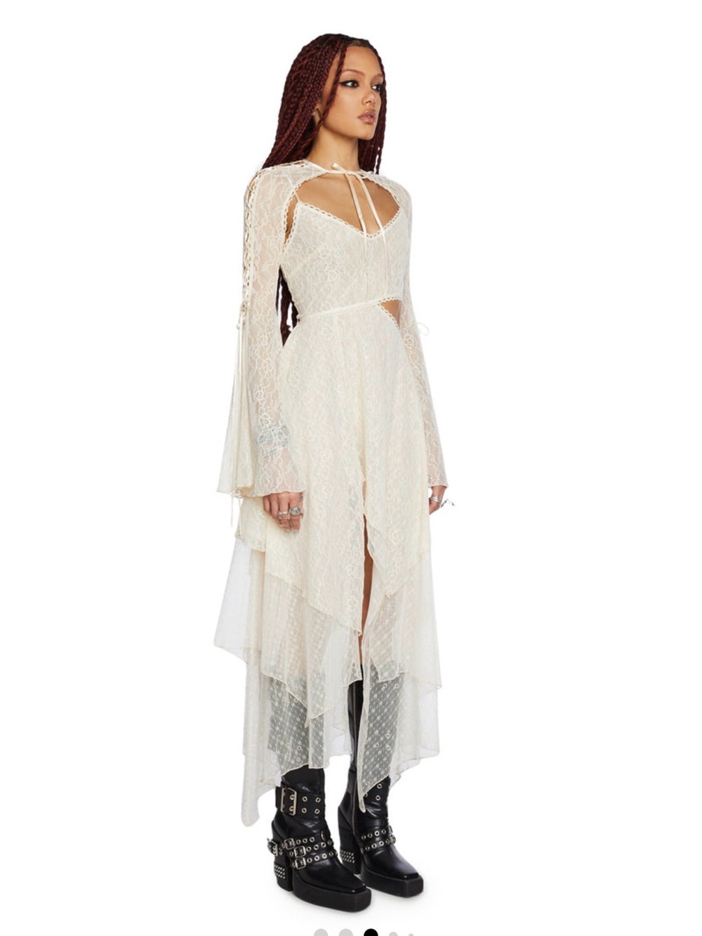Dolls Kill Cream Lace High-Low Tie-Neck Dress